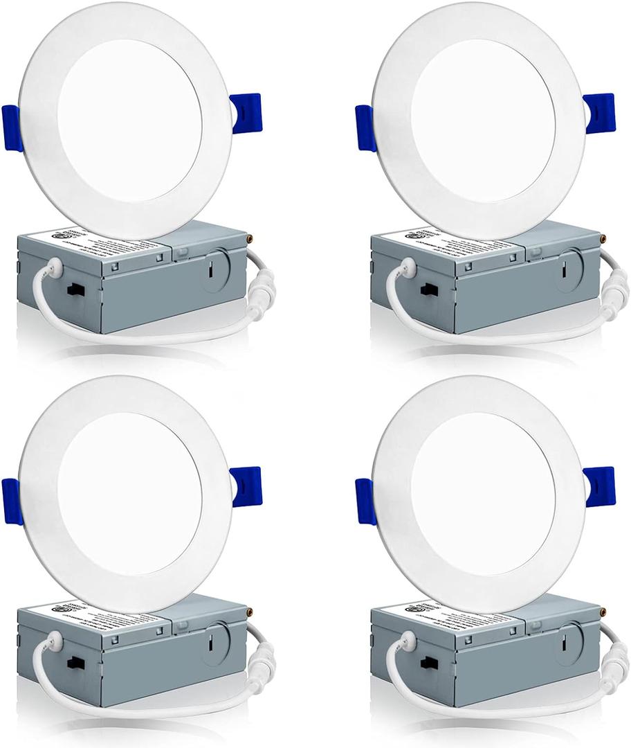 Meconard 4 Pack 4 Inch LED Recessed Ceiling Light with Junction Box, 3000K/4000K/5000K Selectable, 9W=75W 750LM, Dimmable Canless Downlights, ETL and Energy Star Listed