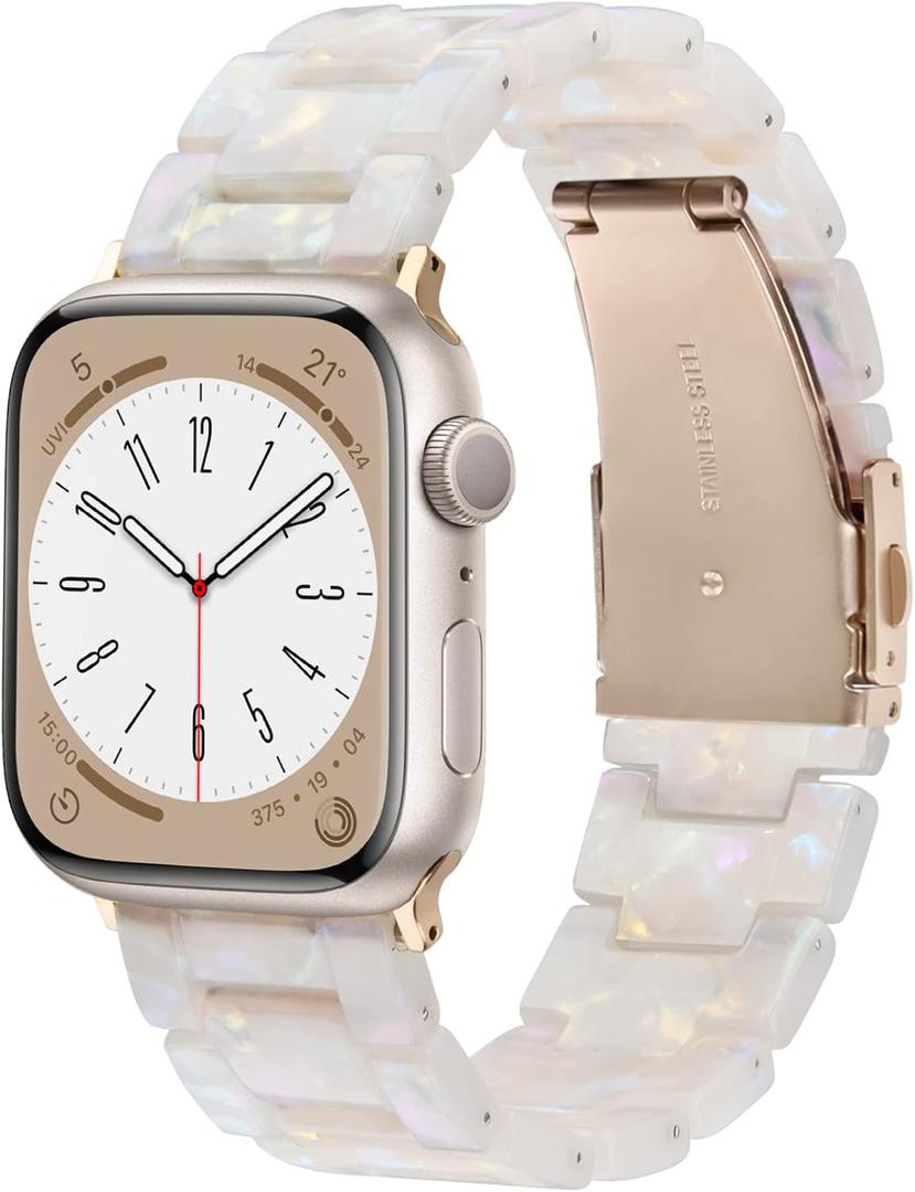 V-MORO Resin Band Compatible with Apple Watch Series 7/8/9/10/11, Size: 38mm/40mm/41mm/42mm, Women Fashion Strap for, Lightweight Bracelet Wristband Replacement, Ivory White-Rose Gold