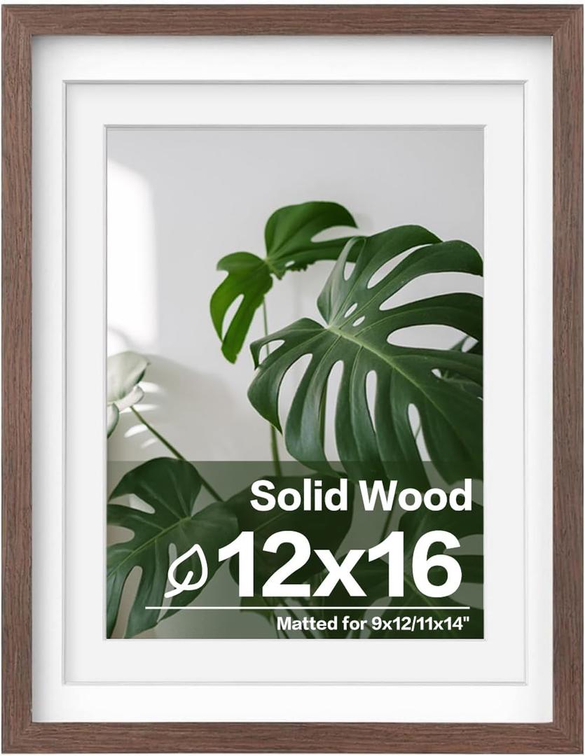 Egofine 12x16 Picture Frame Made of Solid Wood with Plexiglass, Display Pictures 9x12/11x14 with Mat or 12x16 Without Mat for Wall Mounting, Rustic Brown