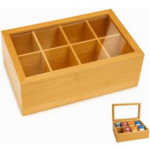 Tea Bag Organizer Spice Organizer and Tea Storage Stash Tea Bag Holder with 8 Compartments, Natural Bamboo Wooden Box