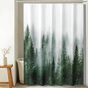 ORTIGIA 84 Inch Long Green Misty Forest Shower Curtain for Bathroom, Nature Woodland Shower Curtain Set with Hooks, Decorative Pine Tree Fog Magic Bath Curtain, Waterproof Fabric, Weighted, 72x84