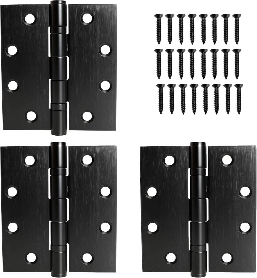 3-Pack Black 4"x 4.5" Thickened Heavy Duty Hinges, Silent Steel Plain Bearing Door Hinges - Matte Finish, 4-1/2 Inch Ball Bearing Door Hinges Thickness 3 mm Square Corners, with 24 Screws