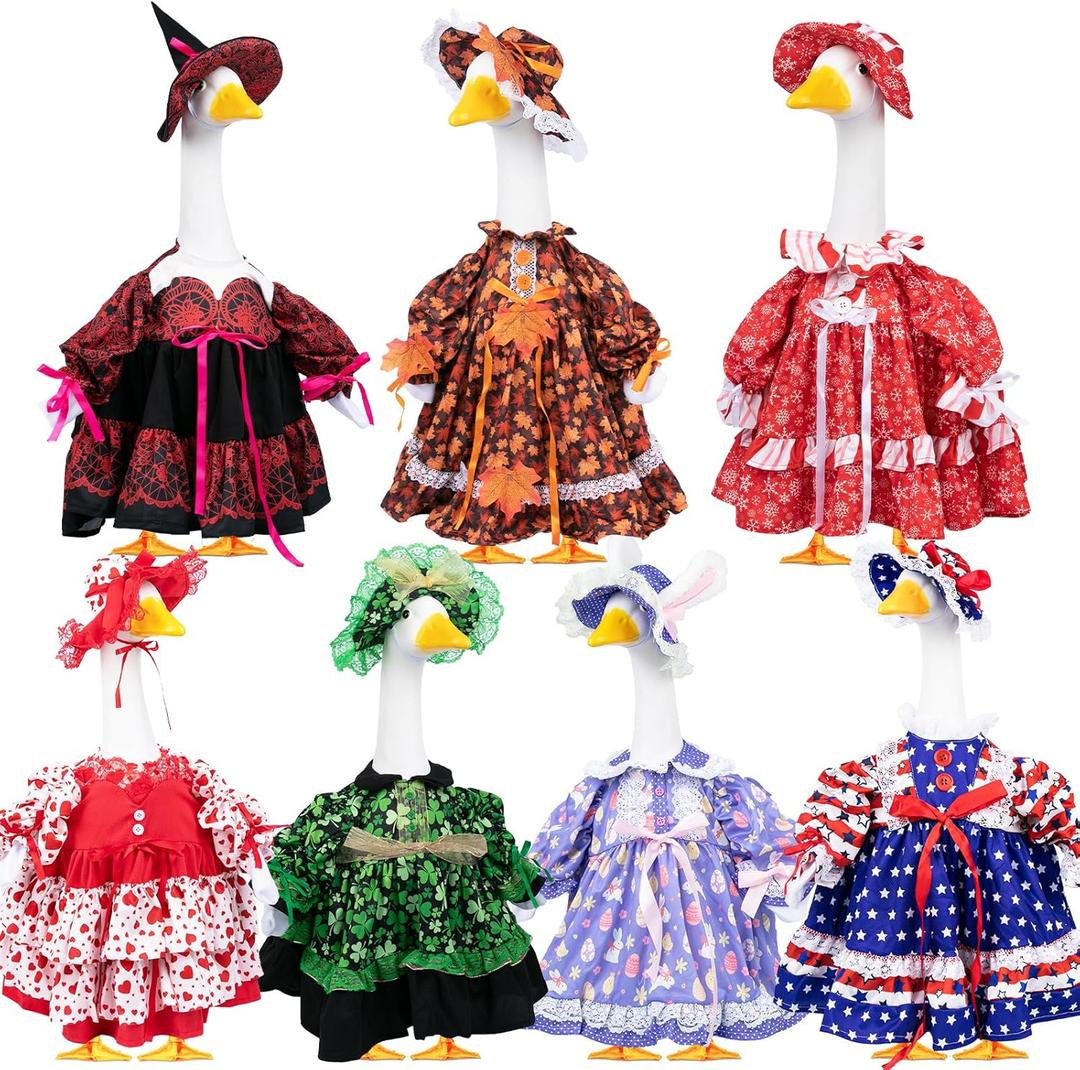 7 Sets Lolita Holiday Porch Goose Outfits 23" Fall Autumn Goose Clothes Dress and Hat Costume Set for Halloween Thanksgiving Day Birthday Patio Yard Lawn Statue Decor
