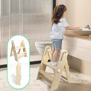 WOOD CITY Step Stool Foldable for Toddlers, Adjustable Kids Step Stool for Bathroom Sink Toilet Potty Training Stool with Handles Child Kitchen Counter Stool Helper Montessori Kitchen Stools (Natural)