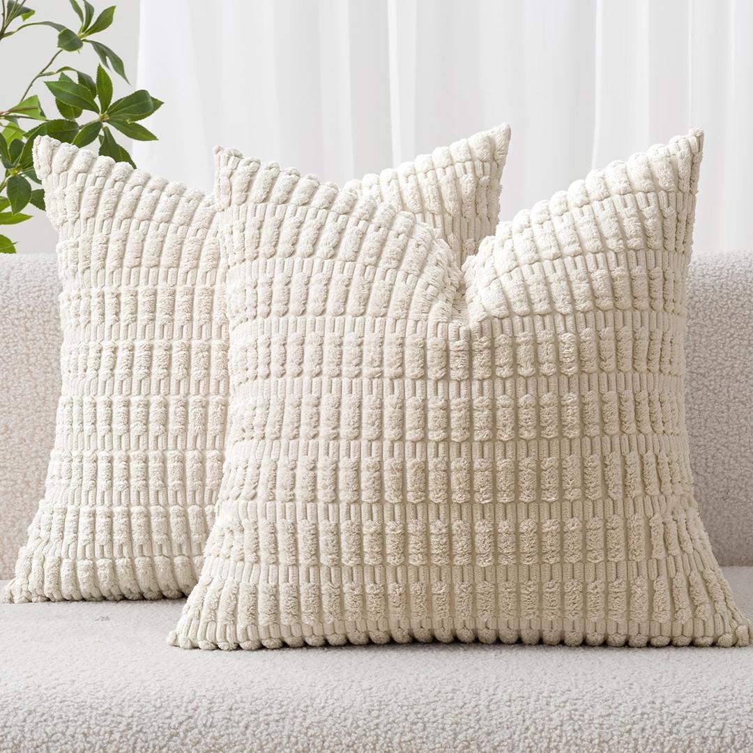 MIULEE Pack of 2 Corduroy Decorative Euro Sham Throw Pillow Covers 22x22 Inch Soft Boho Striped Pillow Covers Modern Farmhouse Home Decor for Sofa Living Room Couch Bed Cream White