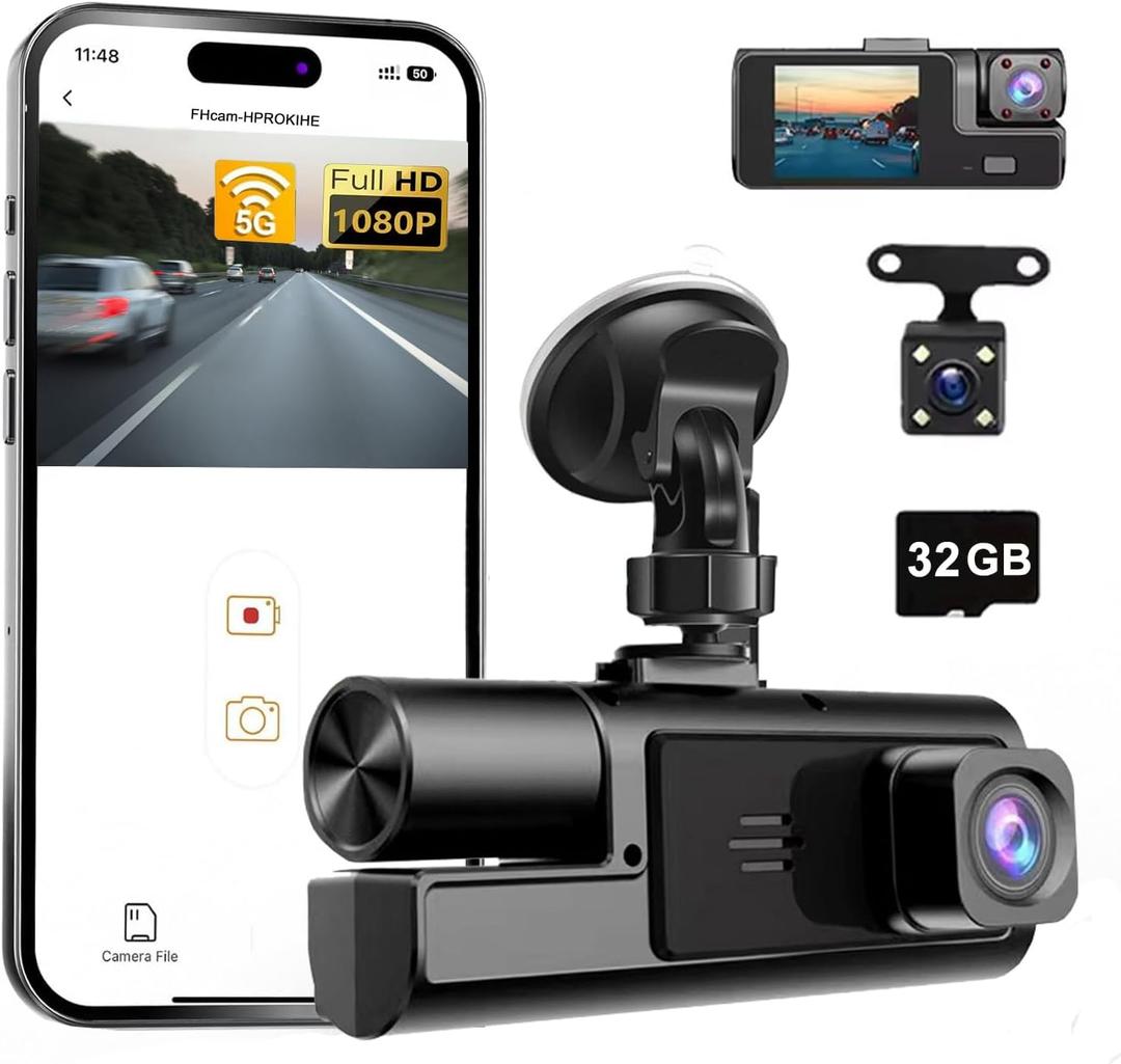 WiFi 1080P 3 Channel Dash Camera for Car Front and Inside Dashcam Car Security Video Recorder,170Wide Angle Vehicle Cam,WDR,G-Sensor,Loop Recording,Night Vision (WiFi 3Channel Dash Cam With 32G Card)