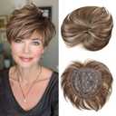 BECUS Brown Hair Topper for Women, Hair Pieces Clip-In 360 3D Cover, Toppers Short Synthetic Bangs for Thinning Hair, 6.5X6 Daily Wear(Dark Brown with Blonde Highlights)