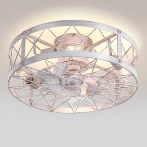 Flush Mount White Caged Ceiling Fan with Light, 20" Small Bladeless Ceiling Fan and Remote, Rustic Low Profile Ceiling Fans 4-Speed Reversible Enclosed Ceiling Fans for Bedroom Kitchen Farmhouse