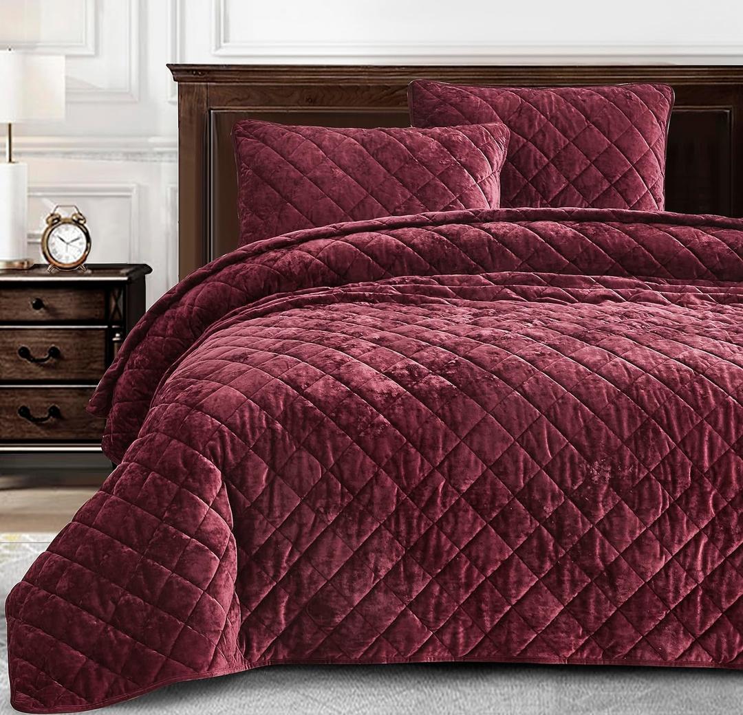 Chezmoi Collection Lux Burgundy Velvet Quilt King Set, 3-Piece Lush Plush Distressed Velvet Bedding All Season Lightweight Comforter Brushed Microfiber Reverse with Diamond Stitch Quilting
