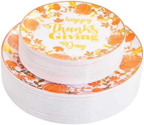 DaYammi 60PCS Orange Thanksgiving Plastic Plates White Gold Plate With Pumpkin and Leaves Design Gold Disposable Plates Include: 30 Dinner Plates 10.25" 30 Dessert Plates 7.5" for Thanksgiving Party