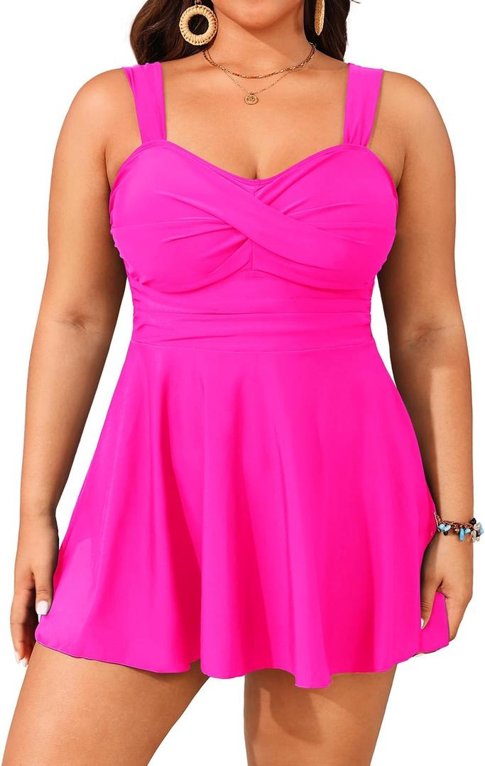 Aqua Eve Plus Size Two Piece Swimsuits for Women Tankini Bathing Suits Flowy Swim Dress with Shorts (Hot Pink) 16W