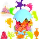 Suction Bath Toys for Kids, 18 Pcs Silicone Ocean Animal Suction Cup Toys with Eggshell & Bag, No Hole Mold Free Bath Toy, Sensory Window Building Toys for Toddlers Boys Girls 3 4 5 6 Year Old