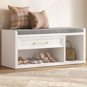 SICOTAS Shoe Bench with Storage, 43.3" Extra Wide Farmhouse Entryway Bench with Cushion, Drawer & Tall Boot Shelf, 18.9" Comfort Height Seat, Large Storage Bench for Bedroom Hallway Mudroom, grey and white