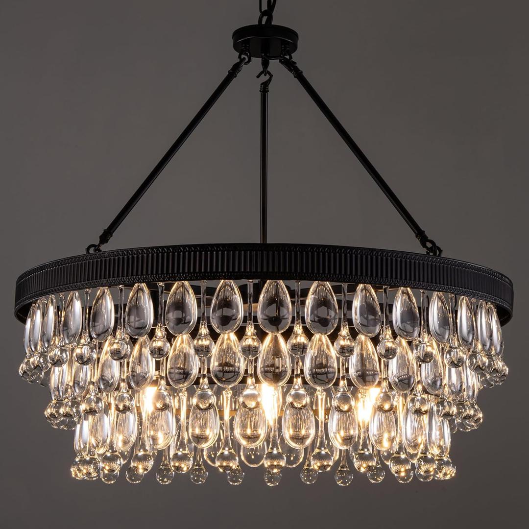 TOCHIC Crystal Chandeliers, 6-Light 3 Tiers Black Crystal Chandelier Light, Modern Farmhouse Luxury Light Fixture for Bedroom, Dining Room, Kitchen Island, Living Room, Entryway, 28"