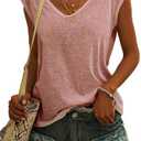 SOUWINEMYI Womens Cap Sleeve T Shirts V Neck Casual Tops Oversized T-Shirt Summer Trendy Lightweight Loose Fit Basic Tees (Pink, M)