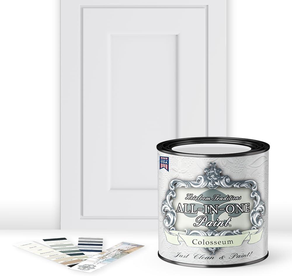 ALL-IN-ONE Paint, Durable cabinet and furniture paint. Built in primer and top coat, no sanding needed. Includes our 30 featured color card - Colosseum (white with subtle gray undertone), Quart, 32 Fl Oz Pack of 1 
