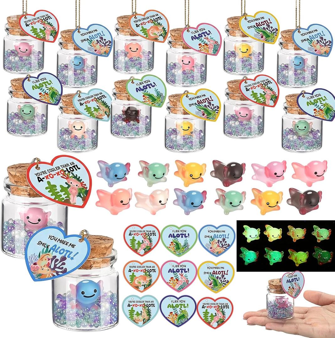 24 Sets Valentines Classroom Gifts Bulk Mini Luminous Resin Axolotl Valentine's Day Cards Small Glass Bottles with Cork Stoppers for Exchange Valentine's Hanging Decoration Classroom Rewards