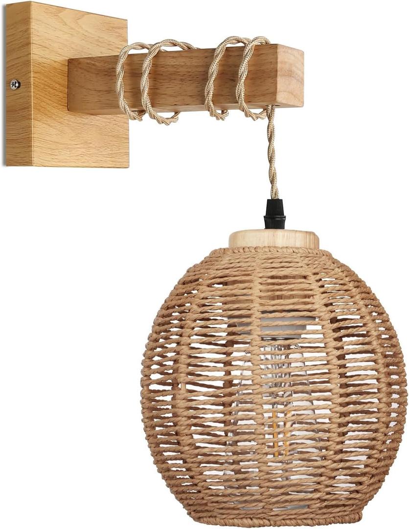 Rattan Wall Sconce Light, Rattan Lamps for Bedroom, Farmhouse Wall Sconces, Wall Mount Light Fixture Indoor, Boho Bedside Wall Sconces for Living Room (Braided Rope)