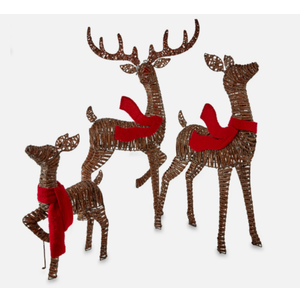 SET of 3 LIGHT UP RATTAN LOOK DEER FAMILY W/ 210 CHRISTMAS LIGHTS, Outdoor Decor