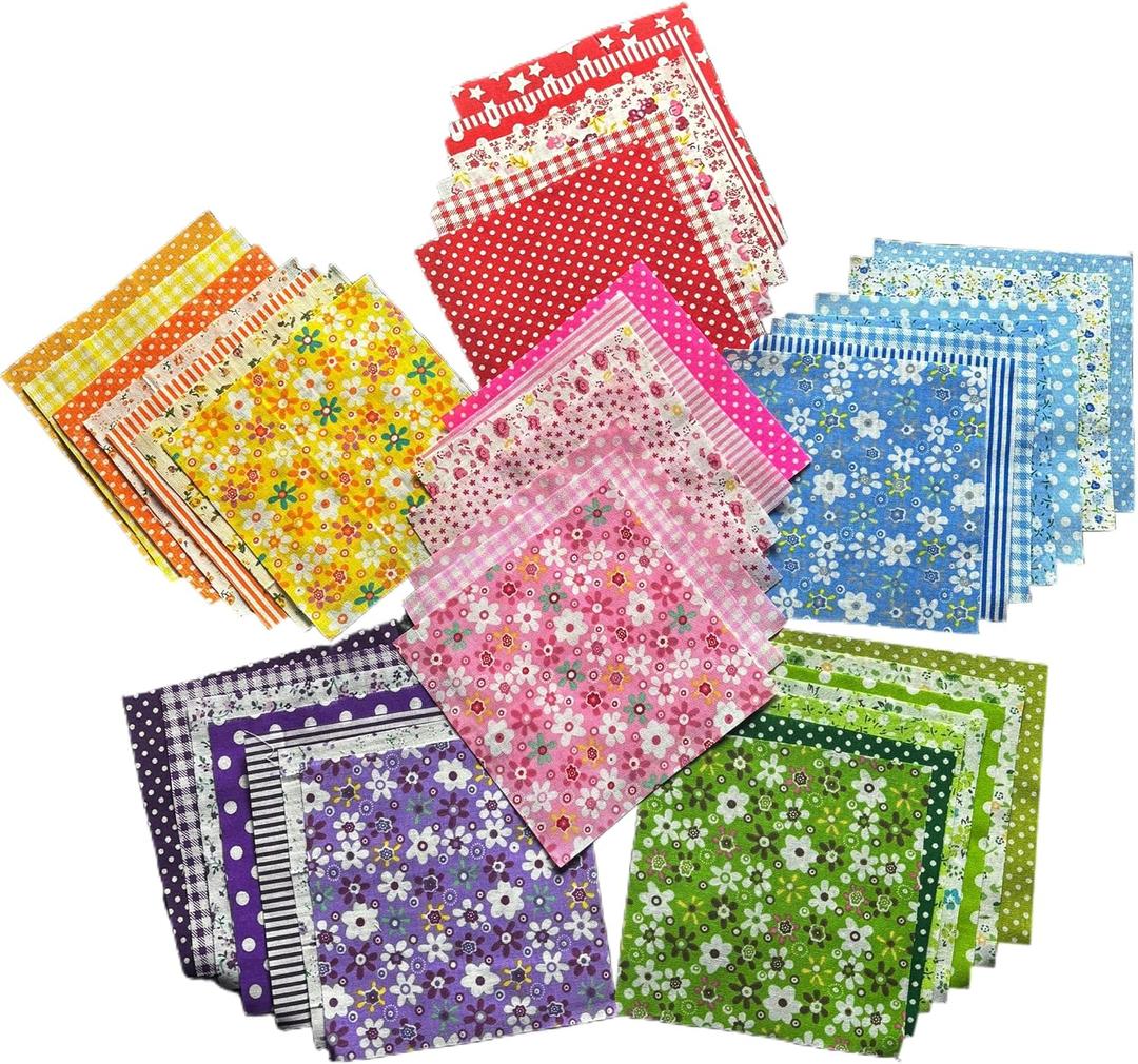 42 Piece Cotton Quilting Fabric Squares, 5x5 Inch Pre-Cut Floral Patchwork Bundle in Red, Pink, Yellow, Green, Blue, Purple for DIY Sewing, Scrapbooking, Craft Projects