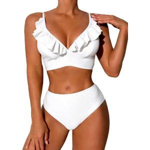 ZAFUL Women's Ruffle Bikini Sets High Waisted Striped V Neck High Cut Swimsuit Two Piece Bathing Suits (White, L)