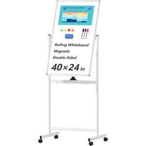 Rolling Whiteboard on Wheels, 40" x 24" Double-Sided Mobile Magnetic White Board with Stand, Portable Standing Dry Erase Board Easel for Home Office Classroom School, Silver