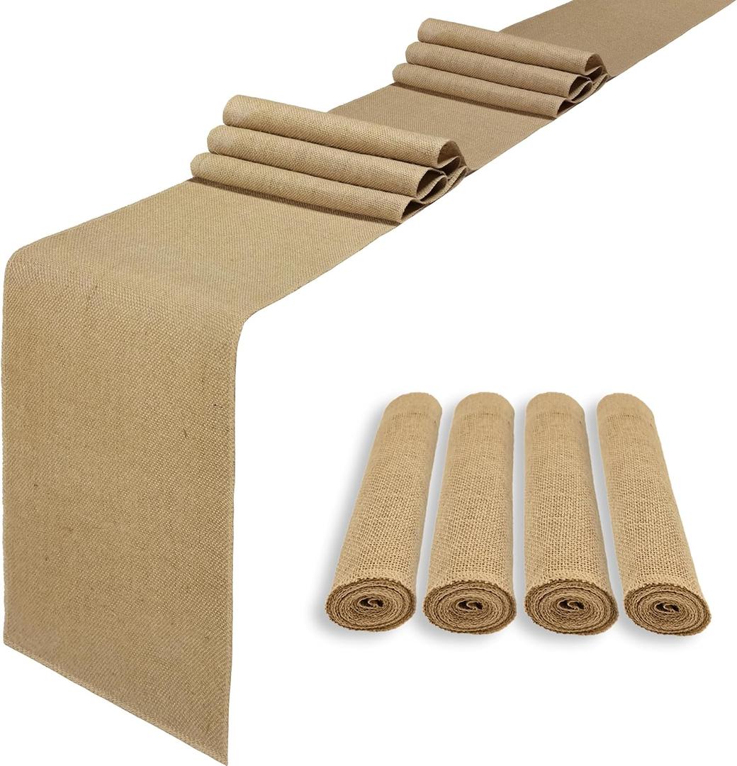4 Pack 12 x 120 Inch Burlap Table Runners, Natural Rustic Jute Table Runner Bulk for Western Wedding Table Decorations,Farmhouse Style Party,Holiday,Kitchen Coffee Table Decor Cover