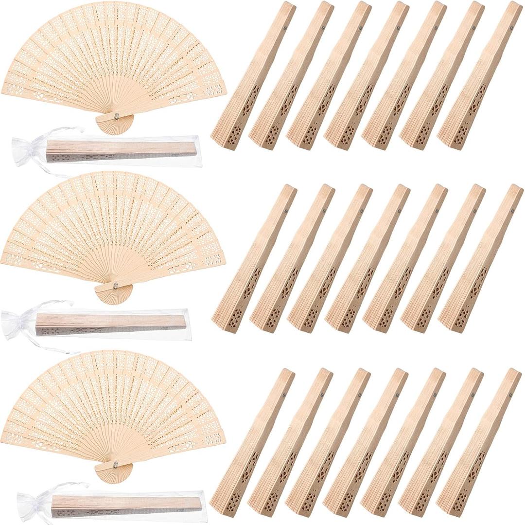 Unittype 100 Pieces Wooden Hand Fans Foldable Wedding Party Favors Bulk for Guests Folding Vintage Chinese Wood Handheld Fans with Sheer Bags for Baby Bridal Shower Birthday Gifts