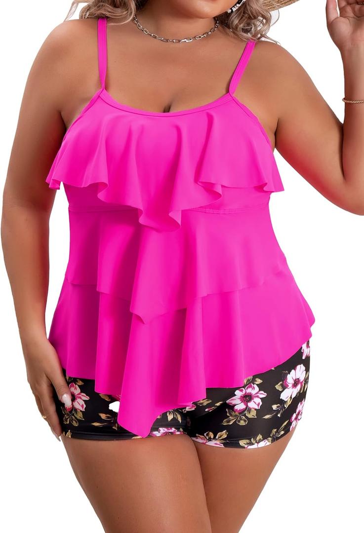 B2prity Women Plus Size Tankini Swimsuits Tummy Control Two Piece Bathing Suit Ruffled Flounce Swimwear with Shorts (XX-Large, Hot Pink)