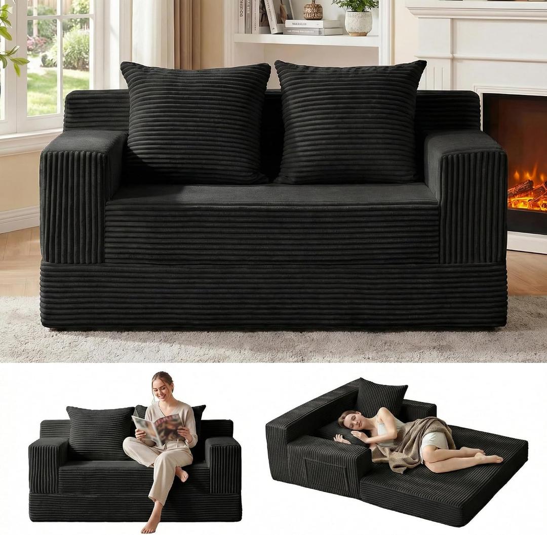 Erament Loveseat Boneless Convertible Sofa Bed, Folding Floor Futon Sleeper Sofa Couch Bed- Boneless Foldable Couch, Corduroy Pull Out Sofa Bed with 2 Pillows for Living Room & Bedroom, 54''