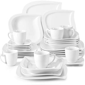 MALACASA Ivory White Dinnerware Set, 30-Piece Porcelain Dishes Dinnerware Sets, Dinner Set with Plates and Bowls, Cups and Saucers Set, Dishes Set Tableware, Dinnerware Set for 6, Series Elvira