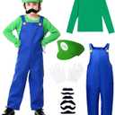 Halloween Costume Kids Plumber Jumpsuit with Hat Gloves Moustache Costume Accessories Set (Small(5-6 Years), Green)