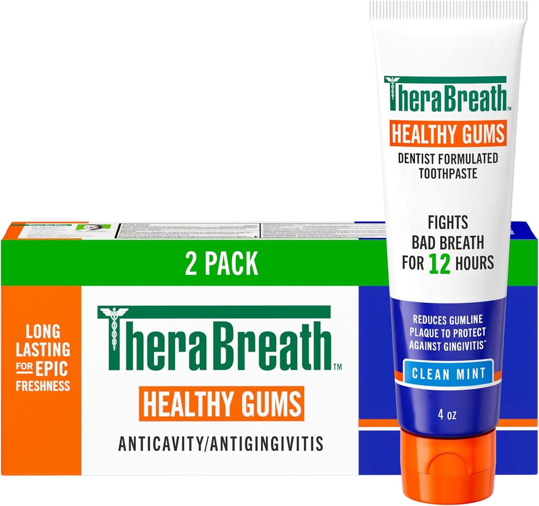 TheraBreath Healthy Gums Toothpaste, Fights Bad Breath for 12 Hours, with Stannous Fluoride for Anticavity & Gingivitis Protection, Clean Mint, 4 Oz, 2-Pack