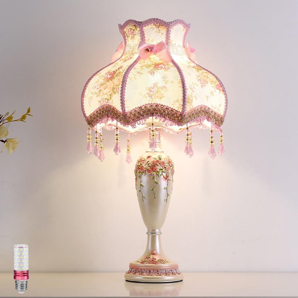 Lovely Table Lamp with Fabric Lampshade, Antique Flower Decorative Bedside Desk Lamp, Handmade Night Light for Bedroom Nightstand (Pink), Pack of 2