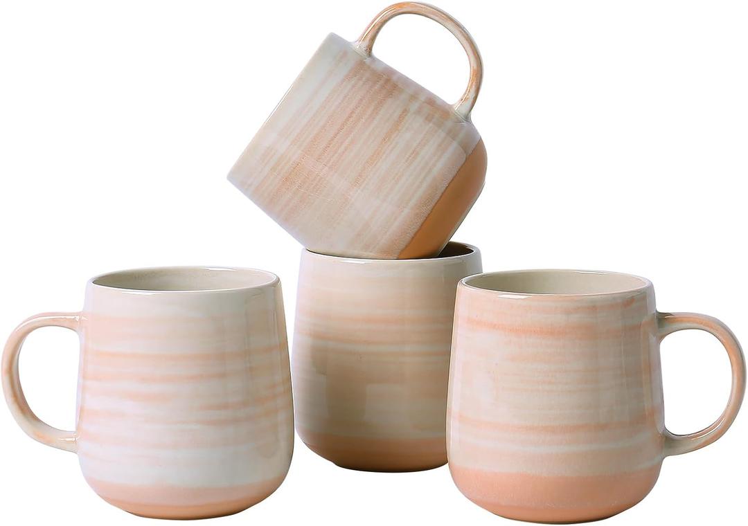 Coffee Mugs, Set of 4, Light Orange Ceramic Coffee Cups with Elegant Texture & Comfortable Handle, 12oz Stoneware Mugs - Dishwasher & Microwave Safe, Design for Home, Office, Cafe