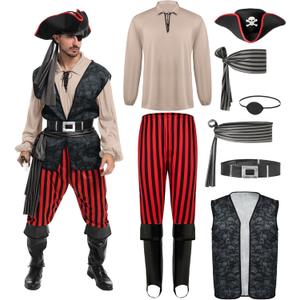 Spooktacular Creations Men Pirate Costume, Adult Pirate Shirt Vest Viking Pants Hat Set for Halloween Themed Parties (Large, Khaki)