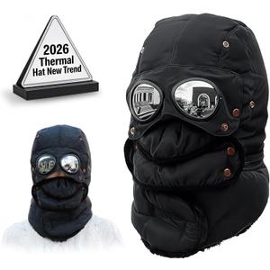 Winter Thermal Hat with Glasses, Trapper Hat for Men with Mask Pilot Face Ski Goggles Built in, Adjustable and Glasses (Black)