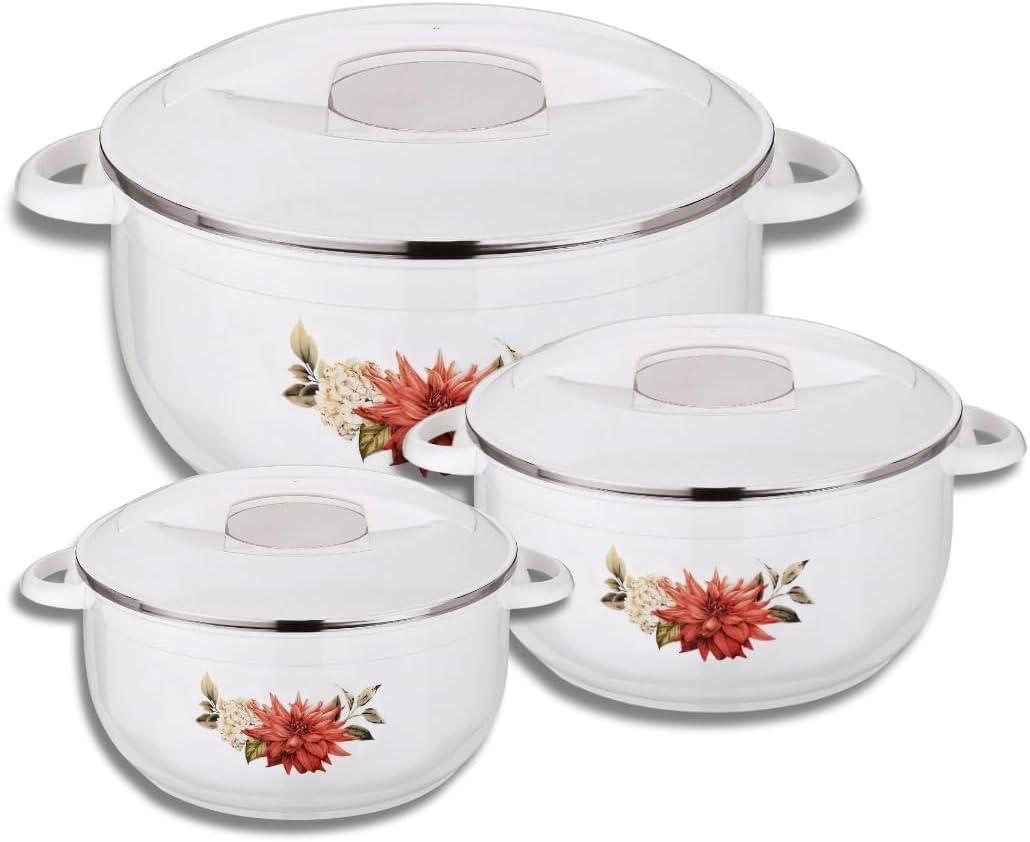 T TABAKH Nova 3pc Set Insulated Casserole Dish with Lid Hot Pot Food Warmer/Cooler - Thermal Soup, Salad Serving Bowl - Stainless Steel Container - Keeps Food Hot & Cold (White, Super Grand 3500ml+5500ml+7500ml)