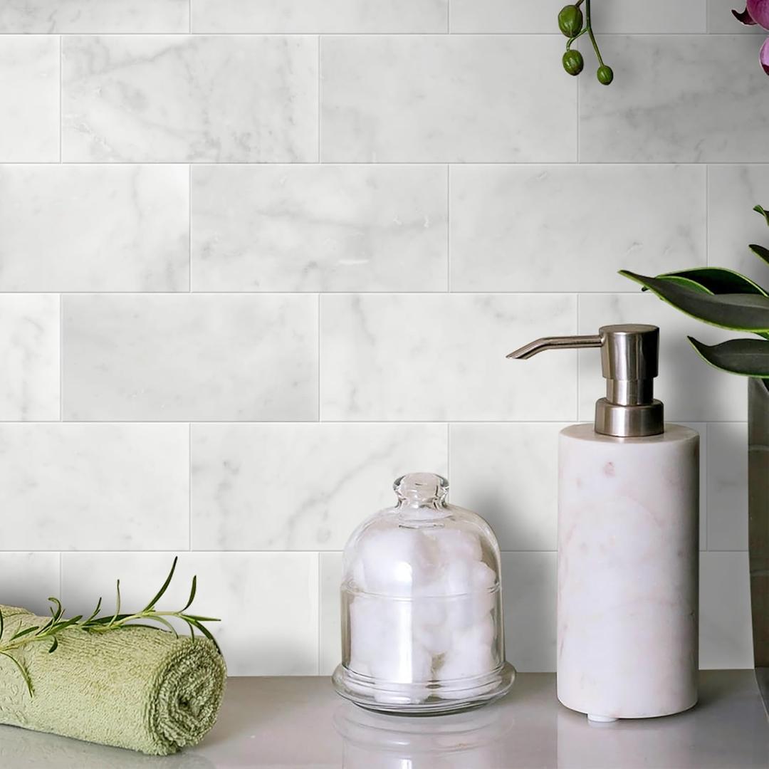 SUNWINGS 40-Sheet Subway Peel and Stick Mosaic Natural Stone Self Adhesive Tiles, 6" x 3" Honed Stick on Backsplash for Kitchen Bathroom Fireplace Vanity, Carrara White