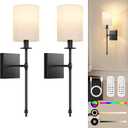 19.9 Inch Black Battery Operated Wall Sconces Set of 2, Rechargeable Wireless Wall Lights with Remote & White Fabric Shade, Indoor Not Hardwired Dimmable Wall Lamps for Living Room, 2 Bulbs Included