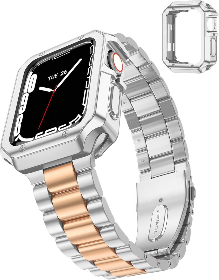 TISIMO Compatible with Apple Watch Band 45mm 44mm 42mm 41mm 40mm 38mm,Stainless Steel Metal iWatch Band with TPU Case for Apple Watch Series 9 8 7 6 5 4 3 2 1 SE SE2 Men and Women