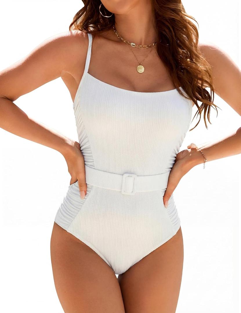 Blooming Jelly Womens One Piece Swimsuit Tummy Control Beltd Ruched Textured Bathing Suit Modest Slimming Retro Cute Swimwear (Medium, White)