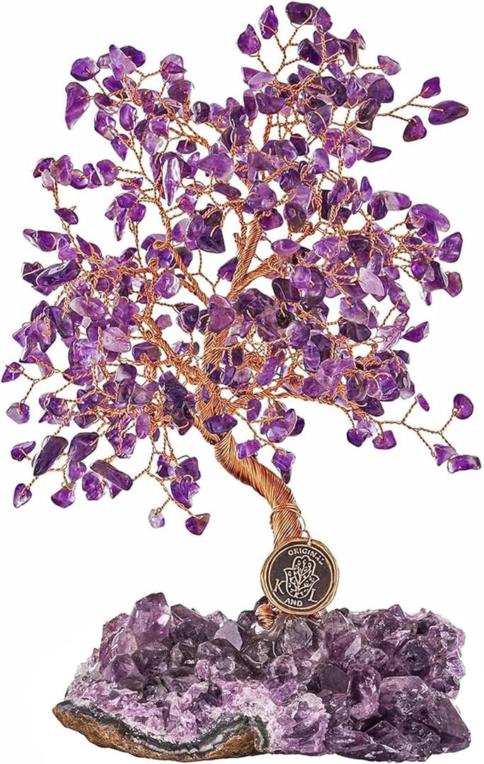 KARMA AND LUCK, Calming Spirit, Real Amethyst Crystal Feng Shui Tree of Life Home Decor, Wrapped in Copper on Crystal Base, 8"