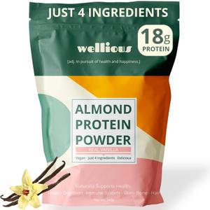 Wellious Almond Vegan Protein Powder, Vanilla, 18g Protein, Soy-Free (EXP 08/14/28)