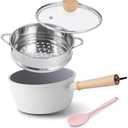 ROCKURWOK Ceramic Nonstick Sauce Pan with Lid, 2 Quart Cooking Pot, Small Saucepan with Steamer, PTFE & PFAS-Free, Wooden Handle for Cool Touch, Universal Base(Gas, Electric & Induction), White