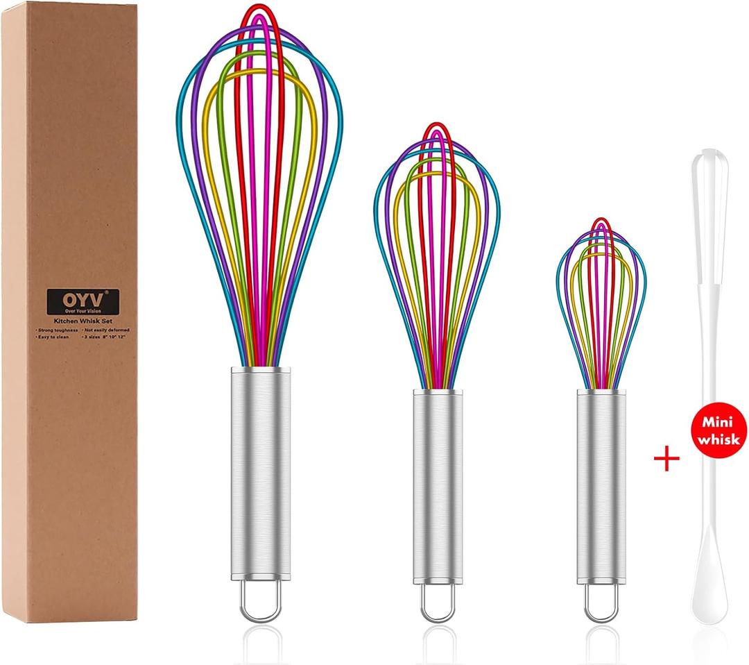 OYV Silicone Whisk,Professional Whisks For Cooking Non Scratch,Stainless Steel & Silicone Wisk,Plastic Rubber Whisk Tool For Nonstick Cookware,Silicon Wisks Set of 3,Rainbow,for Blending,Colorful.