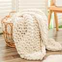Bigacogo Chunky Knit Throw Blanket for Couch, 40x60 inches, 100% Hand Knitted with Thick Jumbo Chenille Yarn, Cozy Soft Large Rope Knot Cable Crochet Blankets for Sofa Bed Living Room, Beige