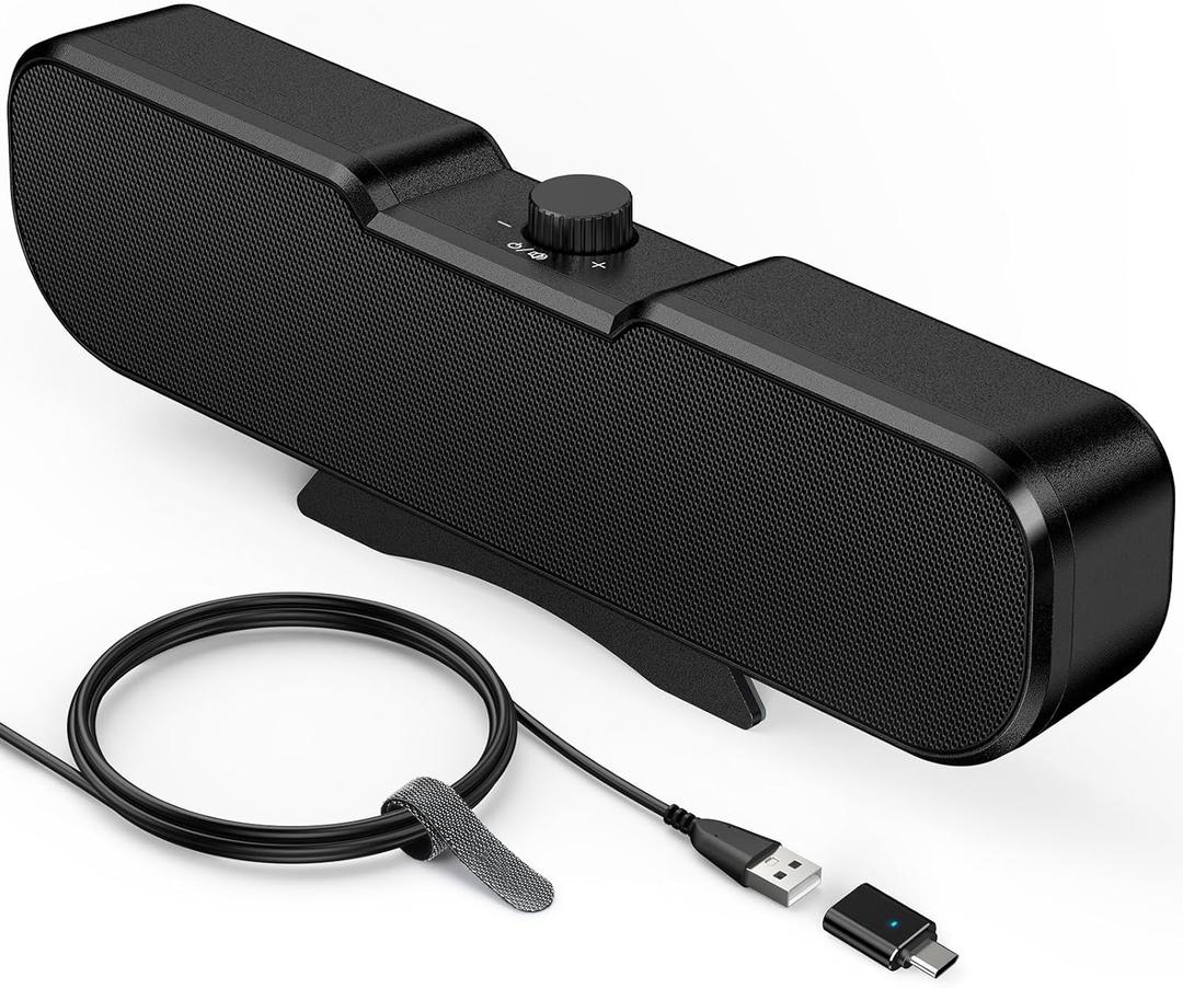 Cirqon Computer Speakers for Desktop PC Monitor, Easy Volume Knob, Sturdy Clamp, Basic Sound, Laptop Speakers with Compact Design, USB/ USB C Adapter for Power and Audio(Black)