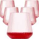 40 Pack Plastic Ribbed Wine Glasses, 14Oz Origami Disposable Wine Glasses Unbreakable Clear Plastic Cocktail Glasses Recyclable Shatterproof Reusable Wine Cups (14oz-pink-40pack)