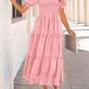 PRETTYGARDEN Women's 2026 Summer Casual Midi Dresses Square Neck Short Sleeve Smocked A Line Floral Flowy Elegant Boho Dress (Pink, S)